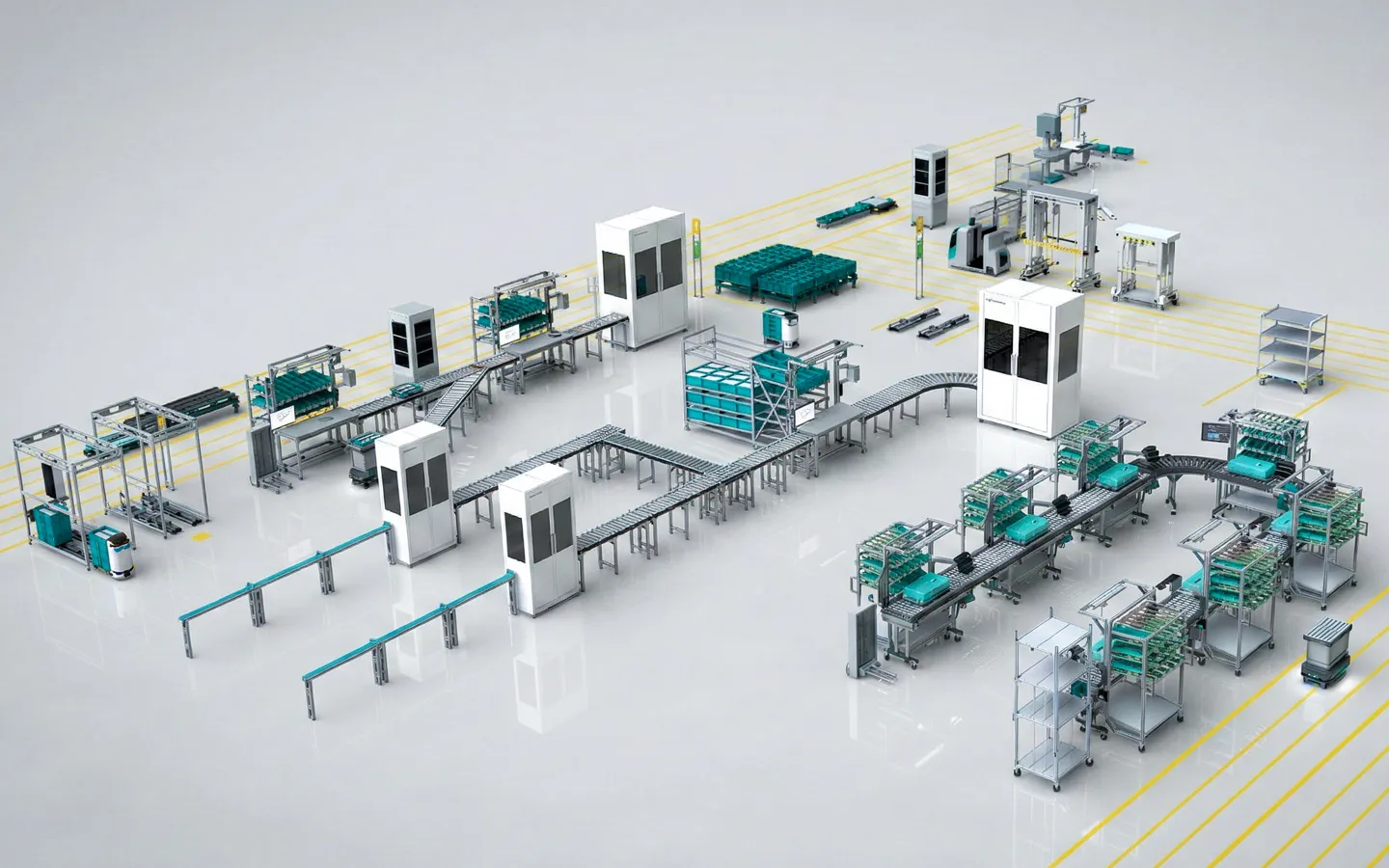 Produktionslinie mit Montagearbeitsplätzen und Fördertechnik